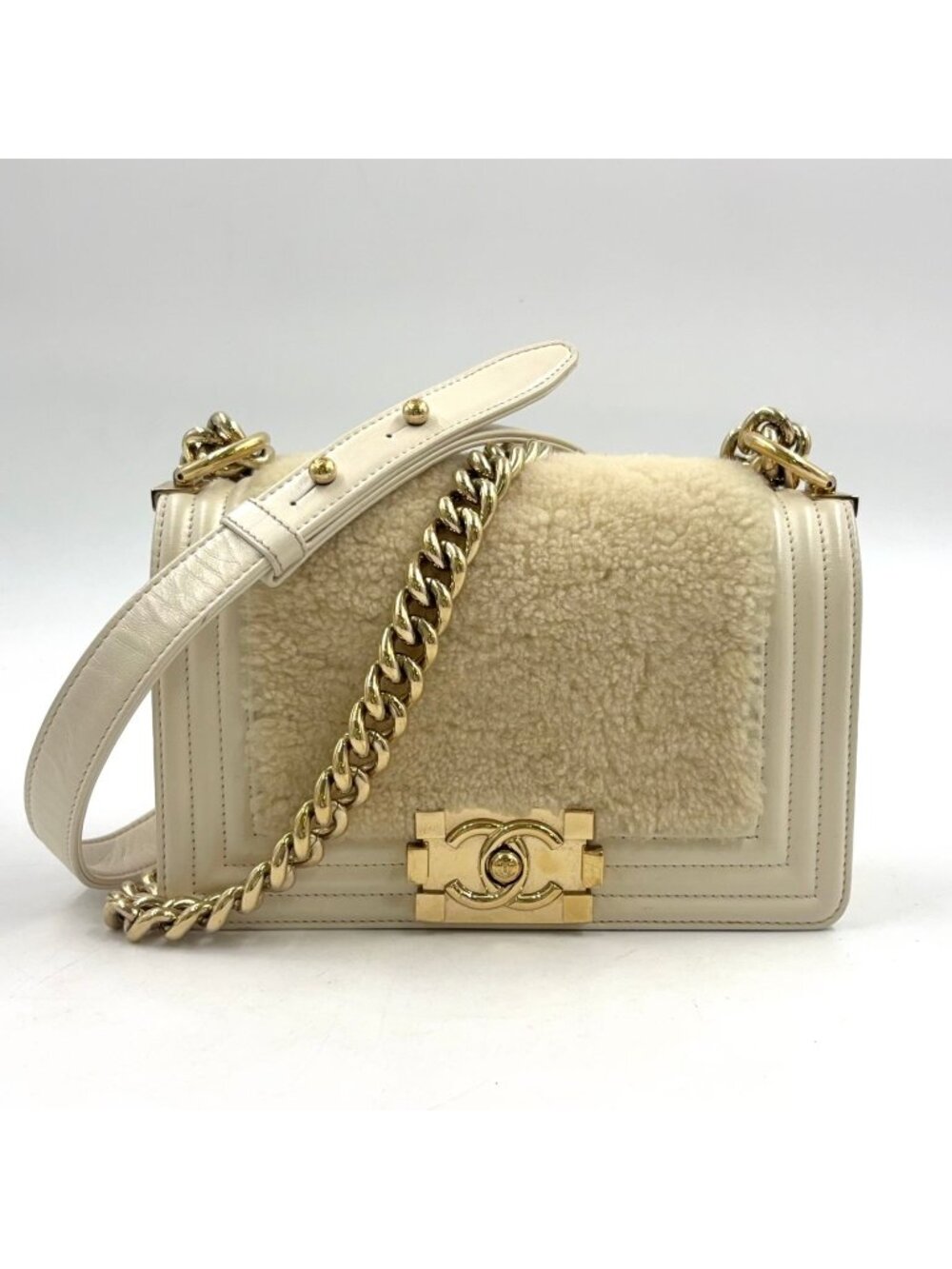 Chanel Boy Leather Shearling Ivory Chain Shoulder Bag Gold